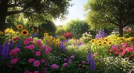 Obraz premium Vibrant garden scene, sunlit flowers, lush greenery, and dappled light under trees