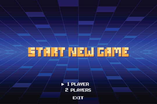 START NEW GAME. Synthwave wireframe net illustration. pixel art 8-bit. Retro Futurism Sci-Fi Background. glowing neon grid. and stars.