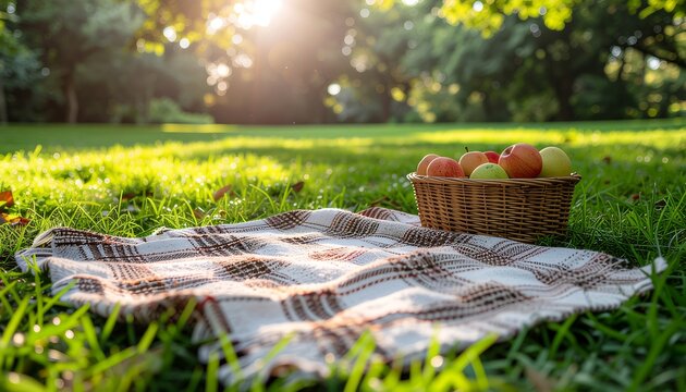 Minimal picnic setup on fresh green grass, empty blanket with simple basket of fruit.