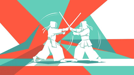 Obraz premium Two young energetic men exercise sparring fight kendo with wooden sword. Combative fight sport concept.