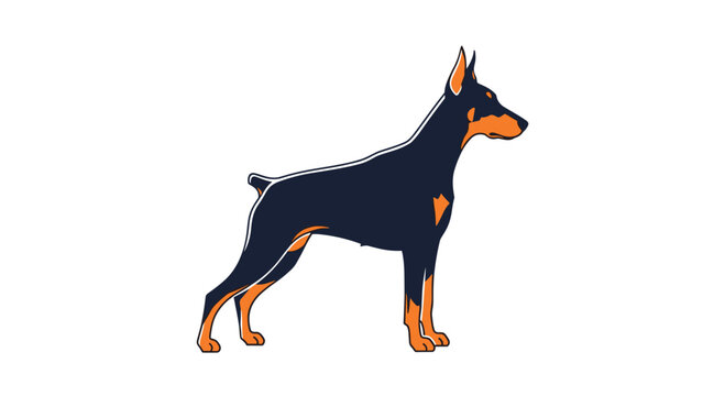 Profile view of a powerful doberman pinscher dog standing in a proud posture isolated on a plain white background.