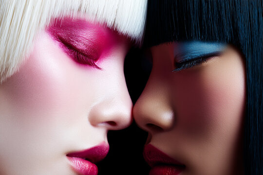 Avant-Garde Beauty Portrait of Two Models with Bold Pink and Blue Eyeshadow
