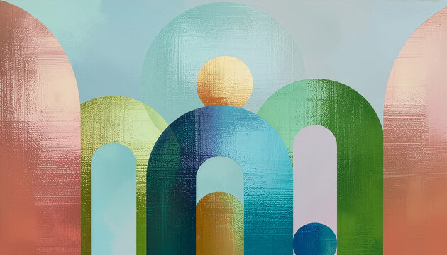 Abstract geometric composition of overlapping colorful arches, textured metallic accents and a golden circle on a soft pastel gradient background, blending organic leaves and architectural forms.