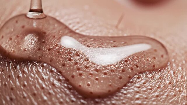 Close-up macro shot of liquid serum dripping onto skin with visible pores, showcasing skincare and beauty product application