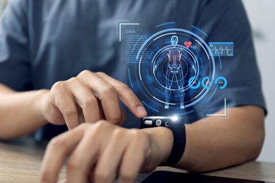 Young man using smartwatch to monitor health data through an augmented hologram.