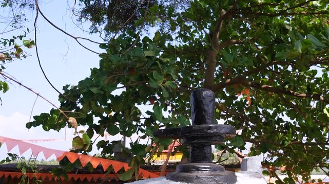 Big Shivling near beach in Karwar Karnataka.Shiva lingam surrounded by trees near coastline India.