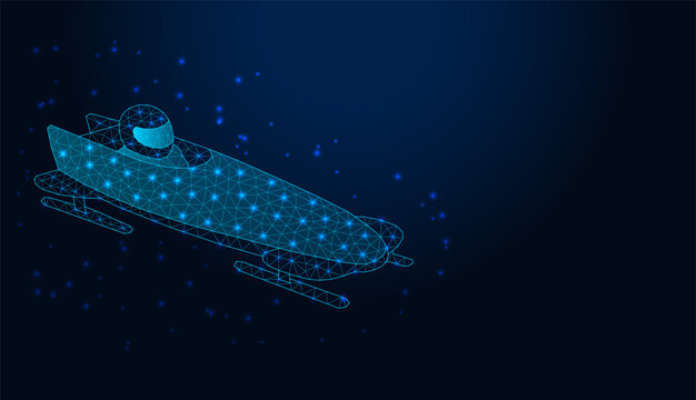 Abstract low poly wireframe bobsleigh with athlete on dark blue background.