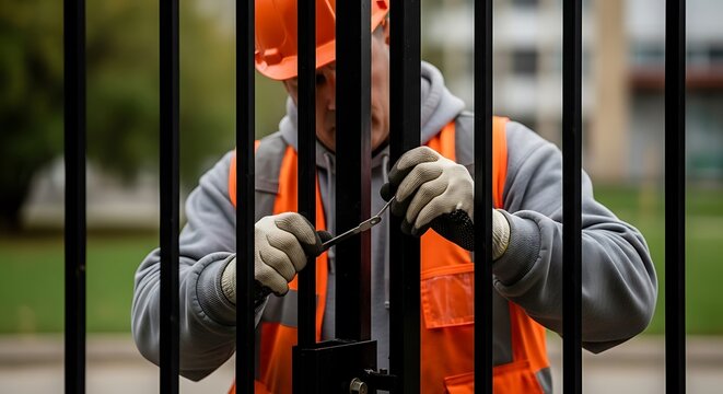 Worker in orange safety gear fixing a black metal gate, obscured by bars