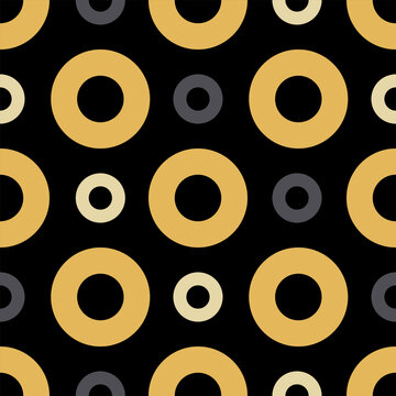 Seamless geometric pattern with golden and grey rings on black background.