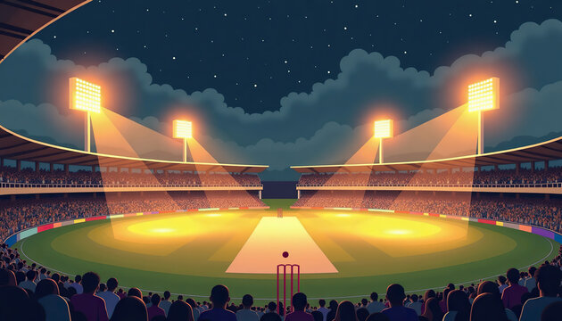 Cricket match night atmosphere with bright stadium lights and cheering crowd