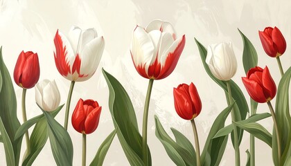Fototapeta premium A beautiful arrangement of red and white tulips on a beige background
