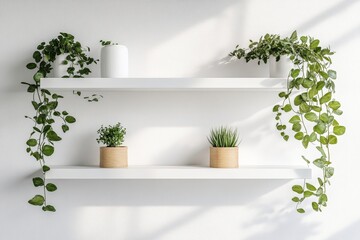 Two empty white shelves on a clean white wall, ideal for showcasing minimalist design and products, Generative AI