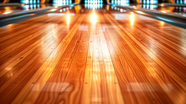 A close-up of a polished wooden bowling alley with blurred pins in the background.