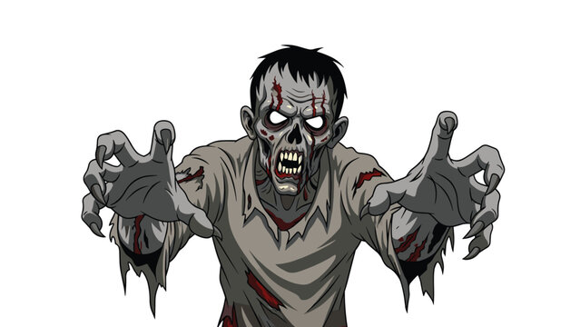 Horrifying zombie with glowing eyes and blood-stained clothes reaching forward with sharp claws in a classic horror illustration style.