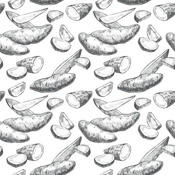 Sweet potato sketch. Vector seamless pattern, of a whole vegetable and a camote slice. Hand drawn illustration imitating an engraving. Line Ink outline drawing of a yam. Rustic style background