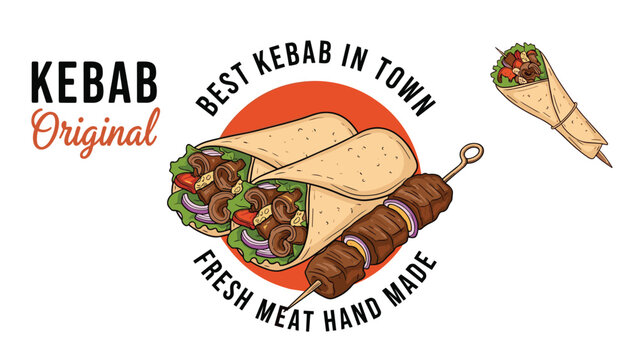 Delicious kebab wrap and skewer meat illustration with fresh ingredients like vegetables for a fast food restaurant menu design or poster.