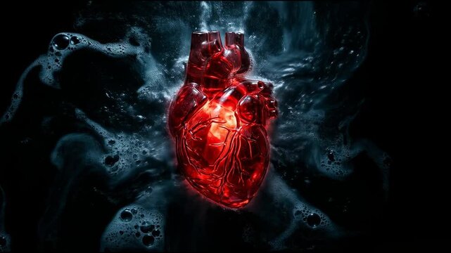 Realistic human heart anatomy organ, glowing red, surrounded by dark swirling liquid, dramatic lighting, medical science concept, emotional intensity