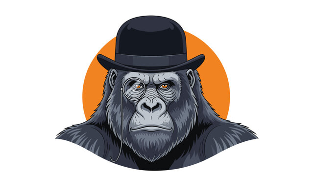 Sophisticated gorilla character illustration wearing a black bowler hat and a golden monocle against an orange circular background graphic.