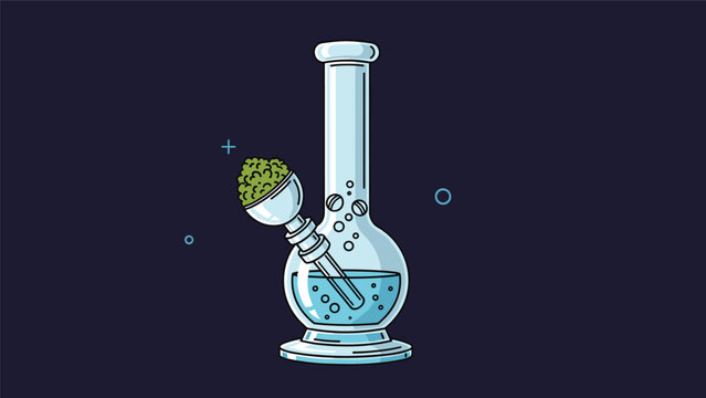 Colorful cartoon illustration of a glass water pipe or bong filled with blue liquid and packed with green herbal cannabis buds.