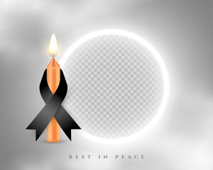 realistic burning memorial candle with black ribbon and glowing photo frame