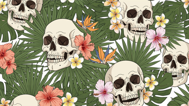 Tropical seamless pattern combining human skulls with exotic green palm leaves, colorful hibiscus, and frangipani flowers on a white background.