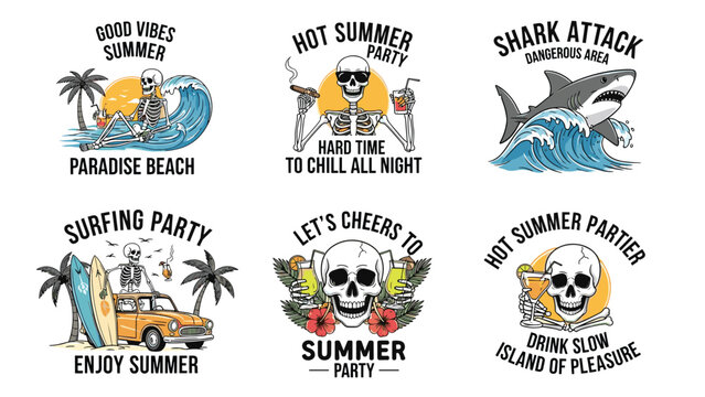 Set of six summer and surfing themed graphics featuring skulls, skeletons, palm trees, and a tropical island atmosphere for apparel designs.