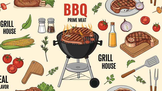 Seamless pattern of barbecue elements including a kettle grill with steaks, various vegetables, condiments, and utensils on a light background.