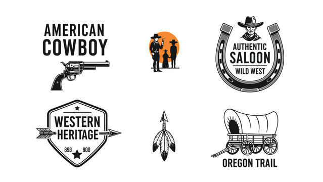 Western heritage and cowboy themed icon set with a revolver, a saloon emblem, an arrow, and an Oregon trail covered wagon illustration.