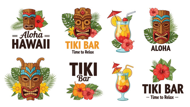 Set of tiki bar and Hawaii themed labels featuring tribal masks, tropical cocktails, and hibiscus flowers for summer party designs.