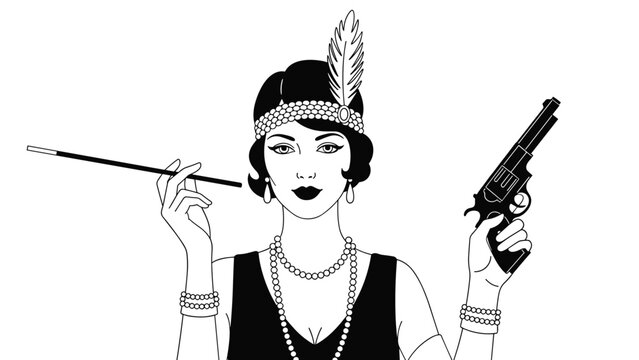 Elegant flapper girl from the 1920s era holding a long cigarette holder and a revolver pistol in a black and white fashion illustration.
