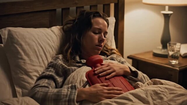 Woman Lying in Bed Holding Hot Water Bottle on Stomach for Pain Relief