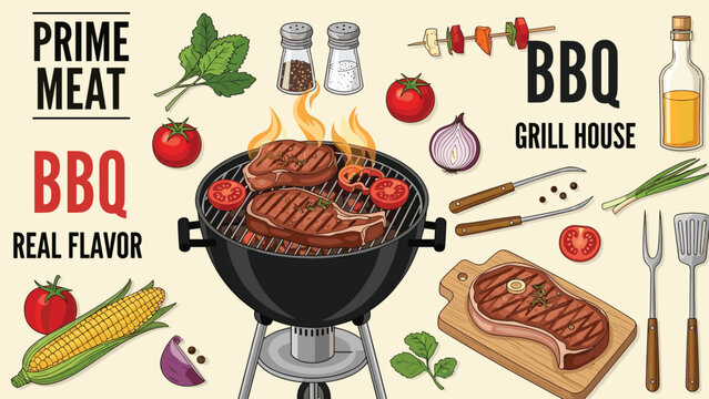 Extensive collection of barbecue elements including a grill, steaks, vegetables, tools, and spices for restaurant menu and party designs.