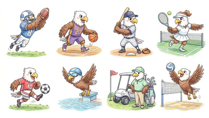 Naklejka premium Set of funny cartoon cute Eagles animals in playful sports vector style featuring smiling characters for kids toy illustration collection