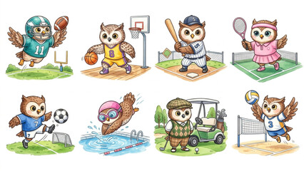 Fototapeta premium Set of funny cartoon cute Owl animals in playful sports vector style featuring smiling characters for kids toy illustration collection
