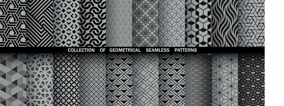 Geometric set of seamless black and gray patterns. Simple vector graphics