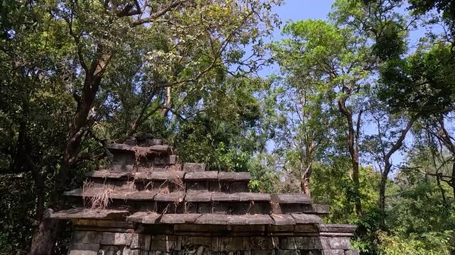 Tilt down shot of ancient Hindu temple ruins in dense jungle, revealing weathered stone walls with carved human figures and sculptures, showcasing heritage architecture and natural decay in India.