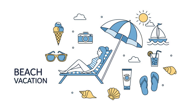 Relaxing beach vacation concept featuring a woman on a lounge chair surrounded by summer items like ice cream, camera, sunglasses, and shells.