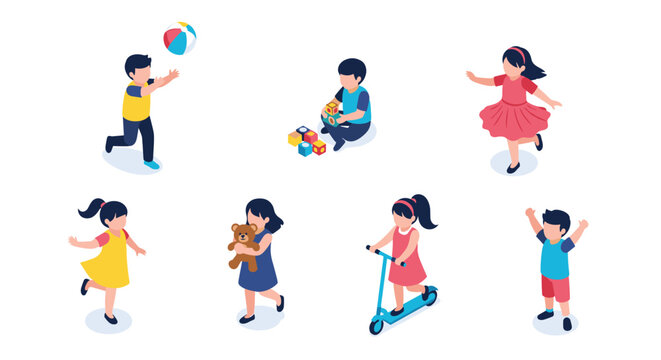 Diverse group of happy children engaged in various play activities like playing ball, blocks, dancing, and riding a scooter.