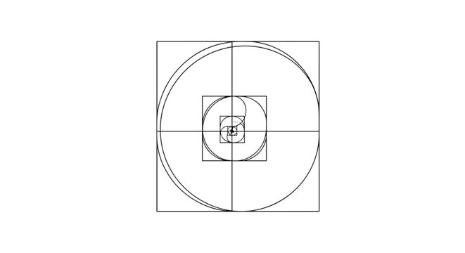 Mathematical diagram of the Fibonacci spiral or golden ratio using black line circles and squares on white.