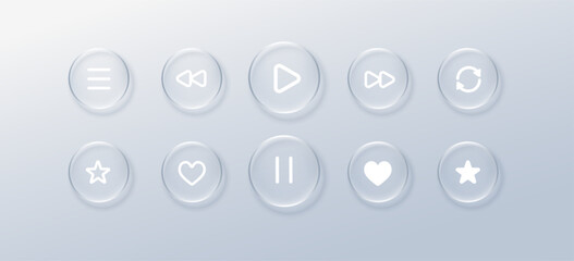 Glass play liquid with button glassmorphism bubble for player effect music. Icon ui tech with glass text star for label hud morphism. Glossy card glass with transparent button sound. © Katerina