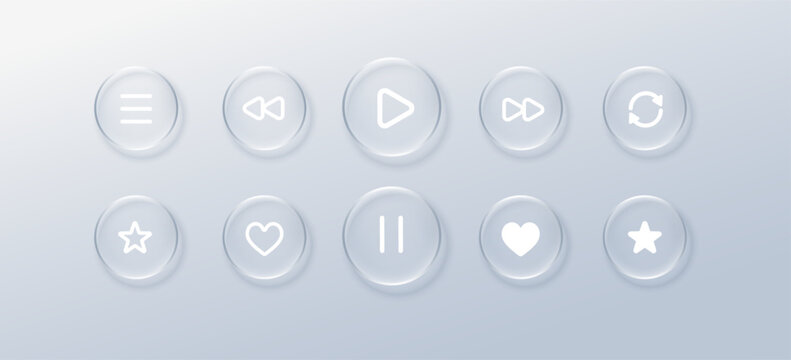 Glass play liquid with button glassmorphism bubble for player effect music. Icon ui tech with glass text star for label hud morphism. Glossy card glass with transparent button sound.