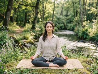 Obraz premium Serene woman meditating by a stream in a lush green forest