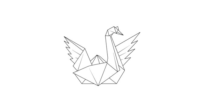 Elegant origami swan with its wings spread is depicted in a minimalist black and white line art style representing Japanese paper folding.
