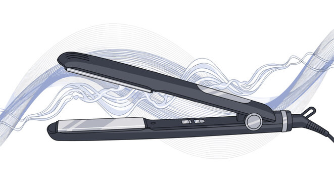 Professional black hair straightener tool is shown open against a background of flowing blue artistic waves representing heat and style.