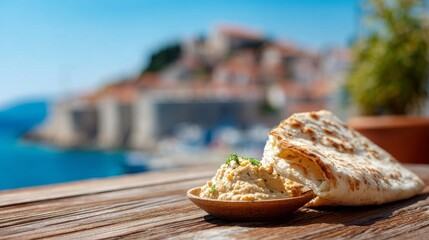 Mediterranean Hummus Flatbread Delight with Seaside Cityscape.