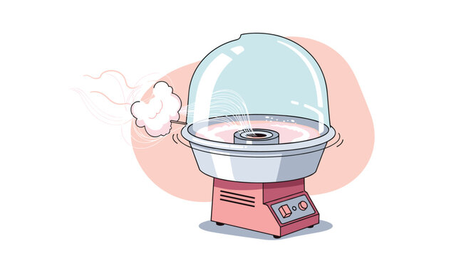 Pink professional cotton candy maker machine produces a cloud of sugar floss under its clear protective dome.