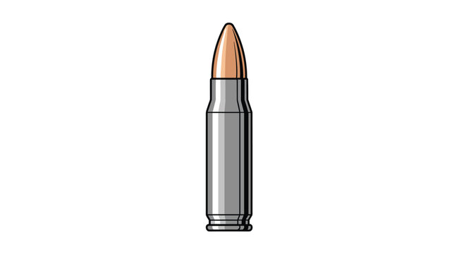 Single rifle cartridge with a copper bullet and silver casing standing upright on a plain white background for ammunition display.