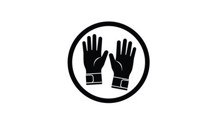 Obraz premium Black and white circular icon featuring a pair of protective work gloves designed for safety and manual labor tasks.