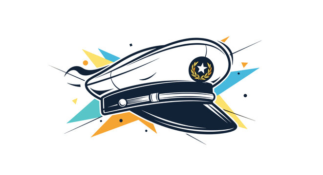 Nautical captain hat with a gold star emblem and laurel wreath decoration displayed against a dynamic geometric background.