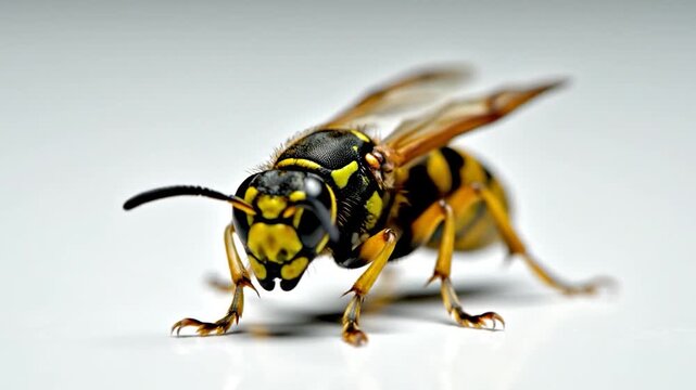 A detailed close-up studio shot of a yellow and black striped insect with transparent wings, showcasing its segmented body and antennae